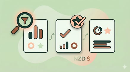 Flat minimal illustration of comparison cards and a magnifying glass symbolizing KiwiSaver provider evaluation for weight loss surgery funding.