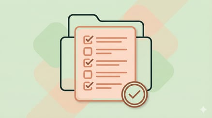 Flat minimal illustration of a checklist document with tick marks representing the required documents for a KiwiSaver medical withdrawal.